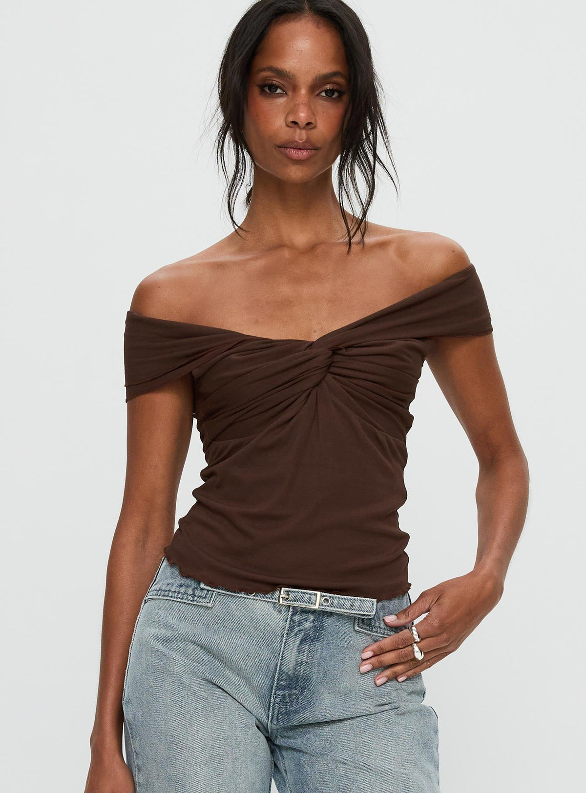 Suspiria Twist Off Shoulder Top Chocolate