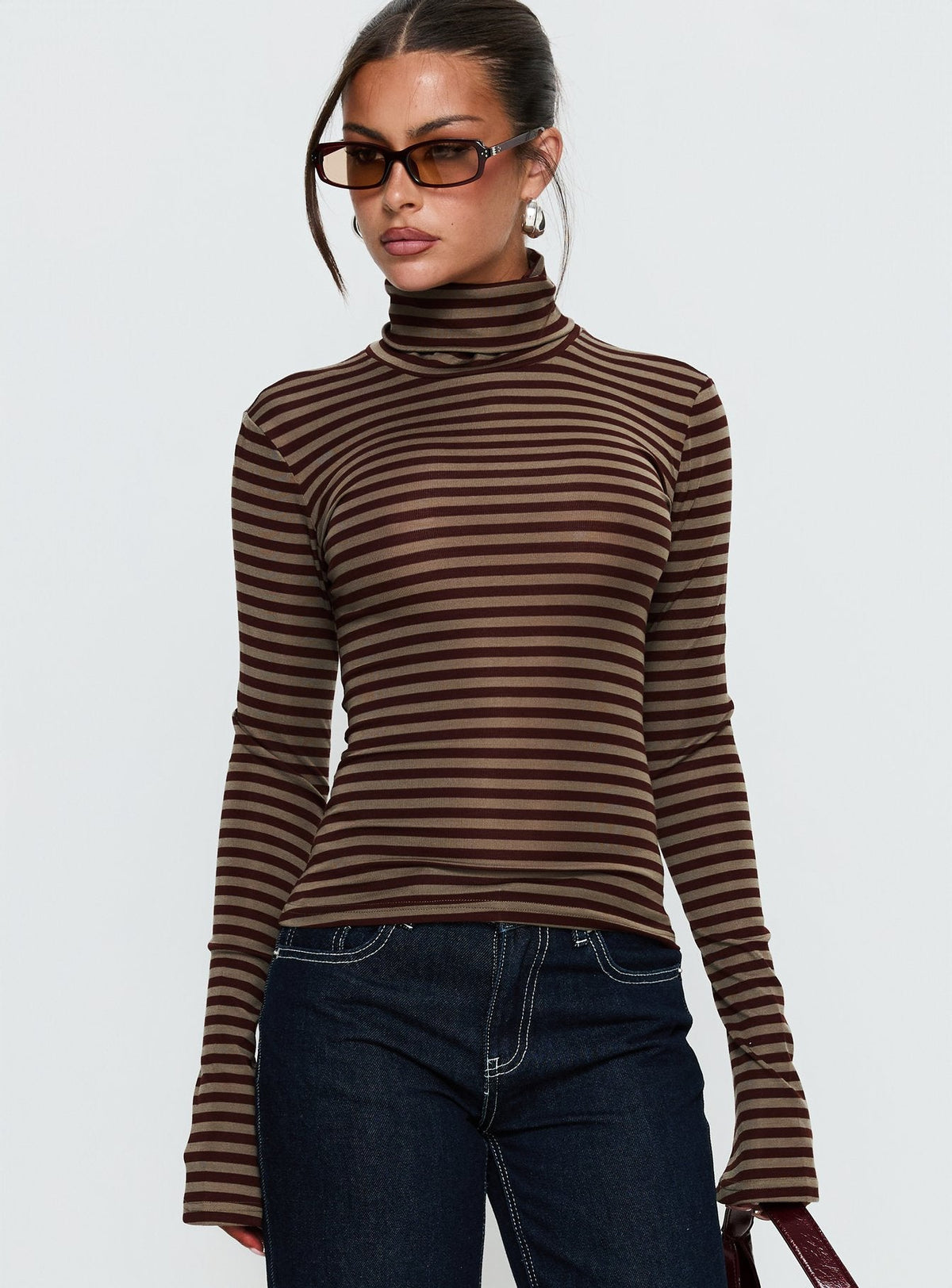Temika Long Sleeve Backless Top Brown Stripe