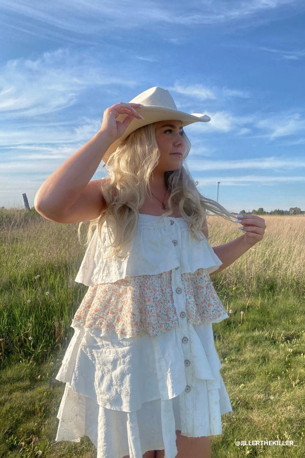 Rosette Layered Denim Dress - Ivory
