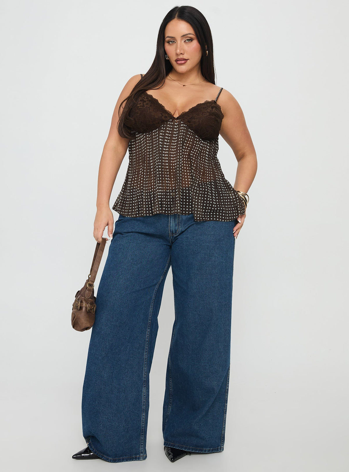 Zami Pleat Top Brown Polka Curve