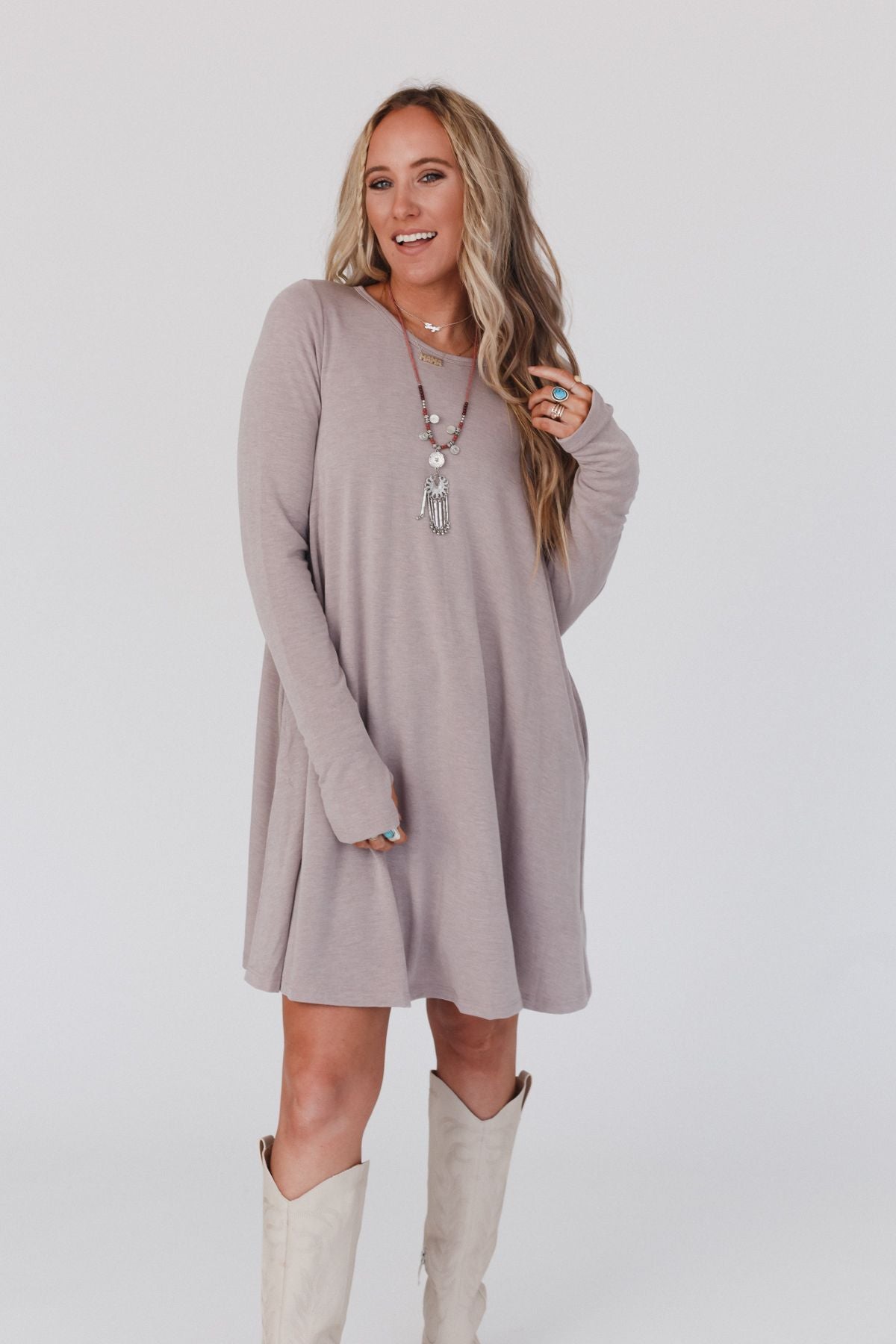 The Nest Jake Long Sleeve Crewneck Dress - Mocha Latte