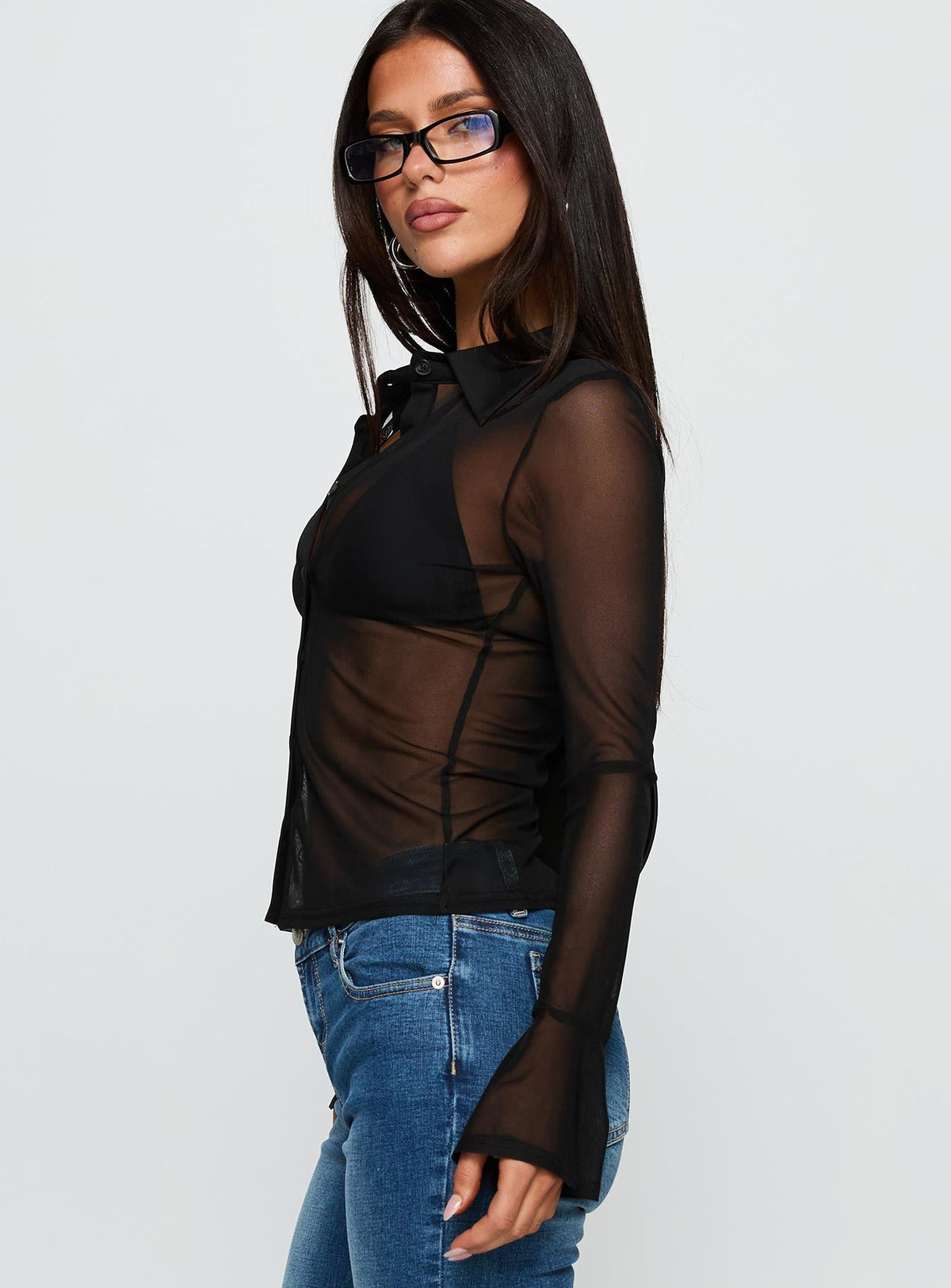 Two Of Us Sheer Long Sleeve Top Black