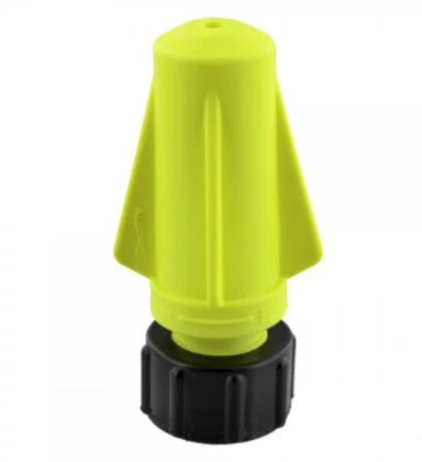 Fluorescent yellow Scotty Firefighter 4004-YF Rocket Nozzle shown upright with tapered adjustable nozzle tip and black 3/4 inch GHT coupling