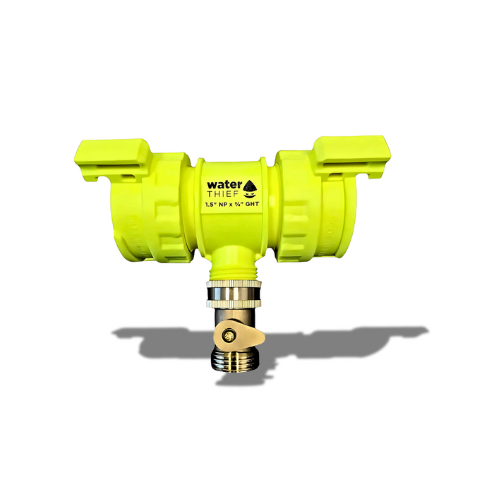 High visibility yellow Scotty Firefighter 4040-YF-QCSO Water Thief with quarter turn couplings on both sides and brass 3/4 inch GHT shutoff below