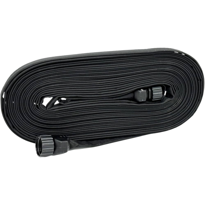 5/8 inch x 50 foot black flat weeper hose with male and female GHT end fittings
