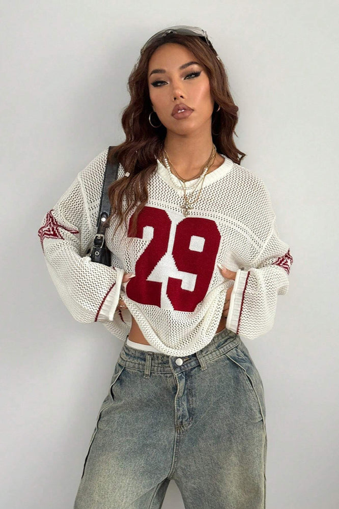 V-Neck Long Sleeve Digital Print Knit Sweater