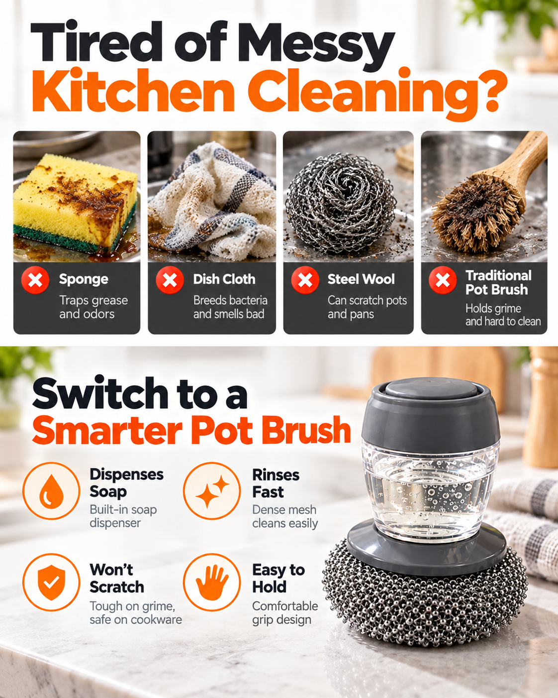 Soap Dispensing Pot Brush, Detachable Stainless Steel Scrubber, Non-Scratch for Burnt Grease, Pots, Pans & Sinks