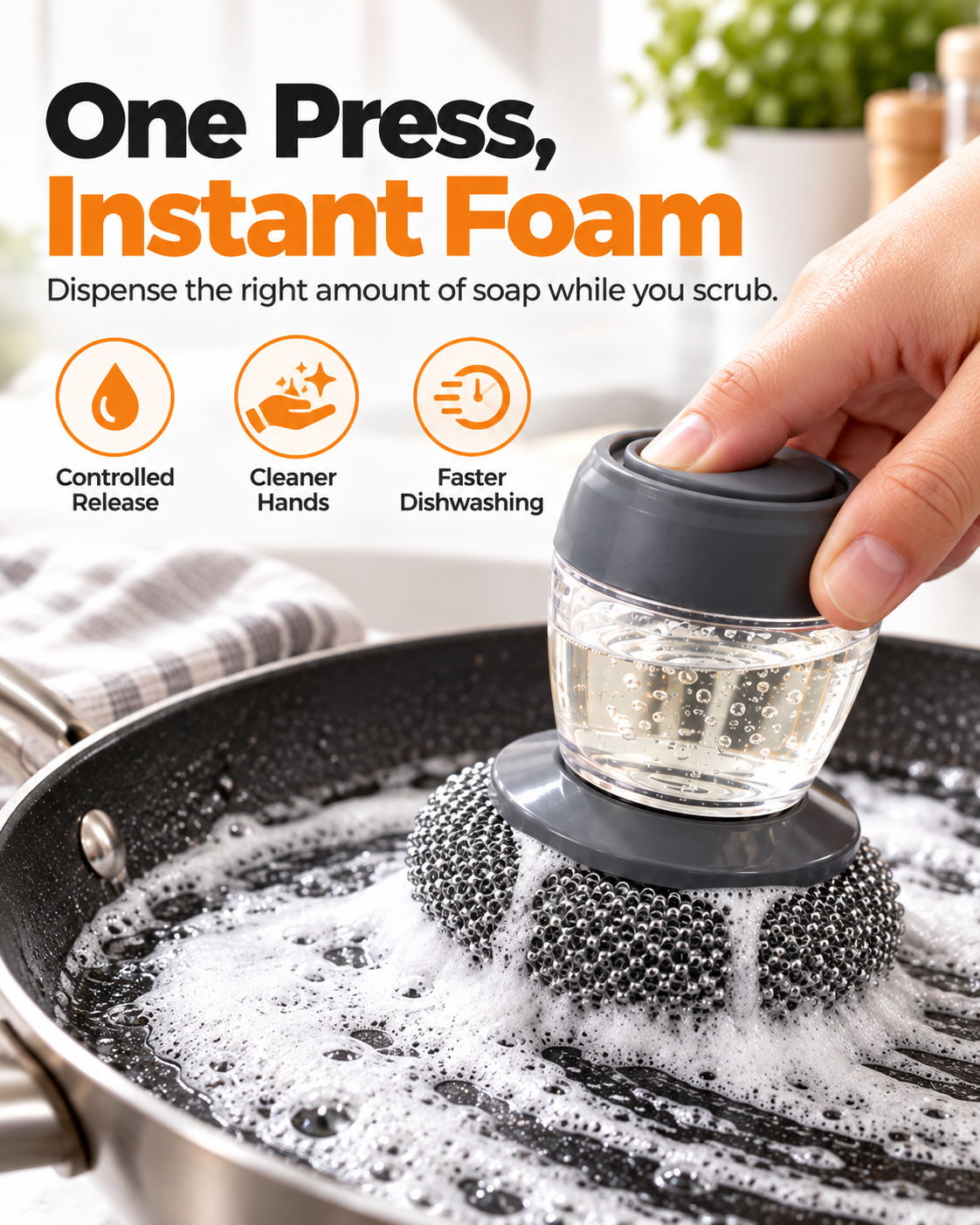 Soap Dispensing Pot Brush, Detachable Stainless Steel Scrubber, Non-Scratch for Burnt Grease, Pots, Pans & Sinks