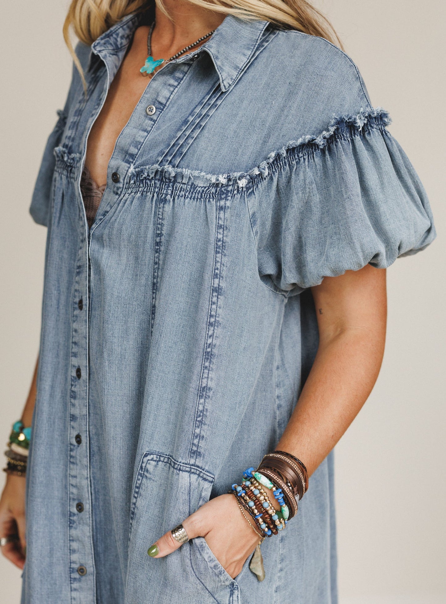 Western Muse Puff Sleeve Maxi Dress - Denim