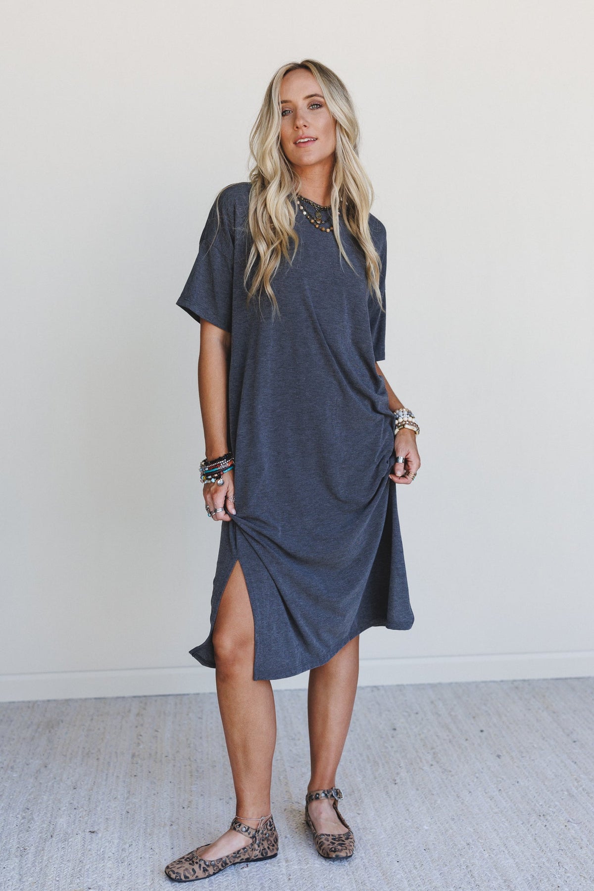Hushed Glow Slit Midi Dress - Charcoal