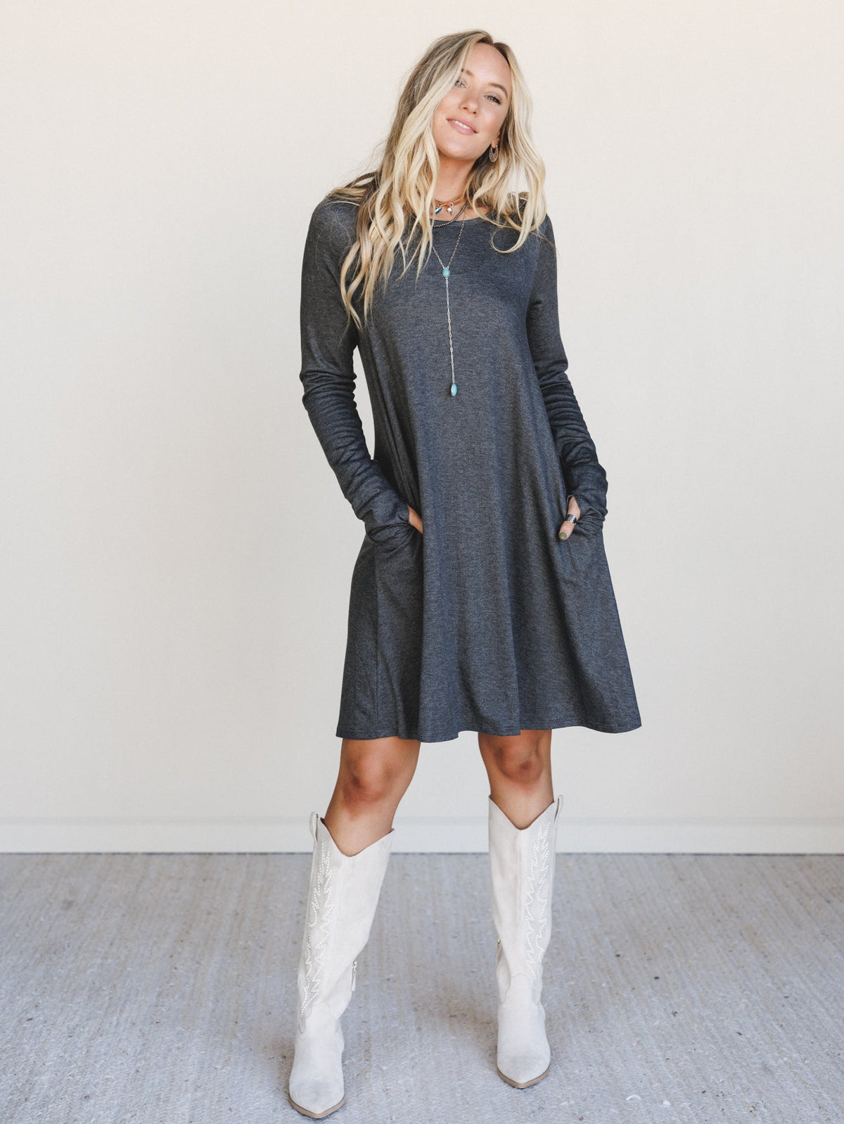 The Nest Jake Long Sleeve Crewneck Dress - Charcoal