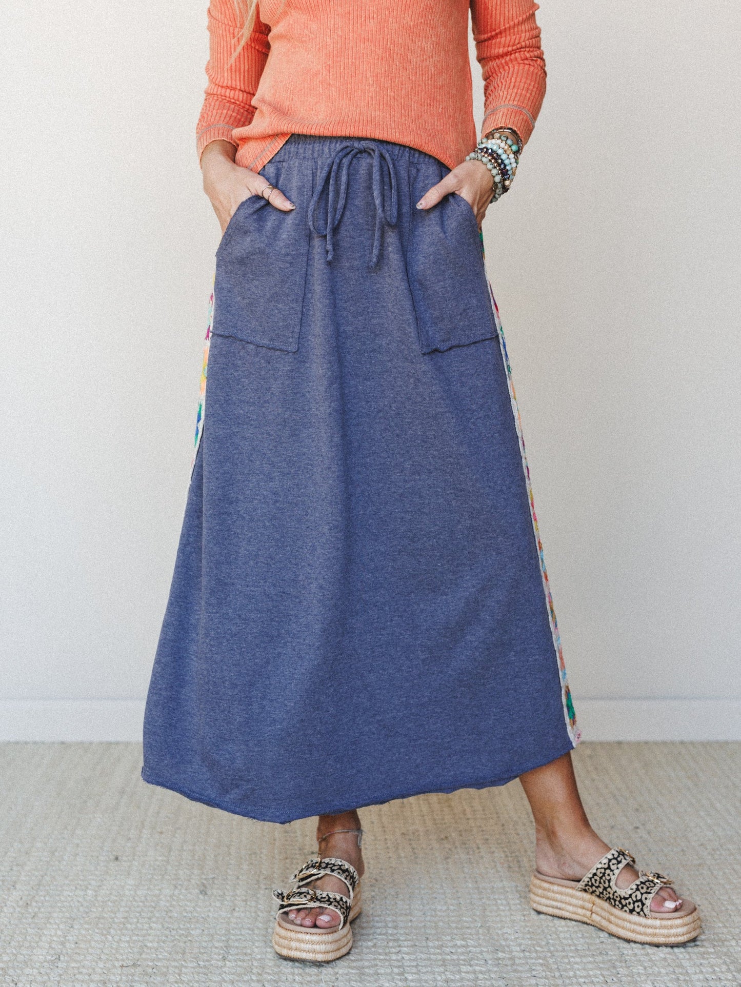 The Nest Love Seeker Crochet Panel Maxi Skirt - Heather Navy