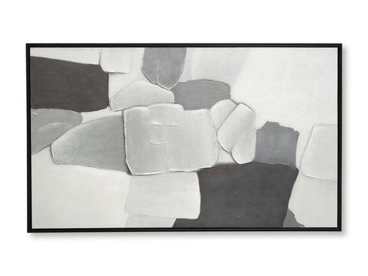 Landscape framed abstract wall art with overlapping light gray and white cube shapes
