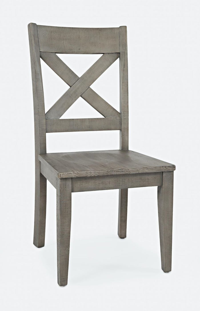 Gray wood counter-height dining stool with X backrest and cushioned seat