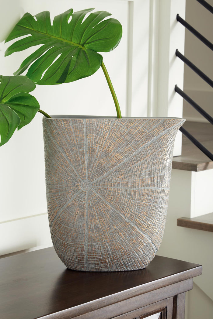 14-inch textured vase, light blue with gold pattern, wide top and tapered base
