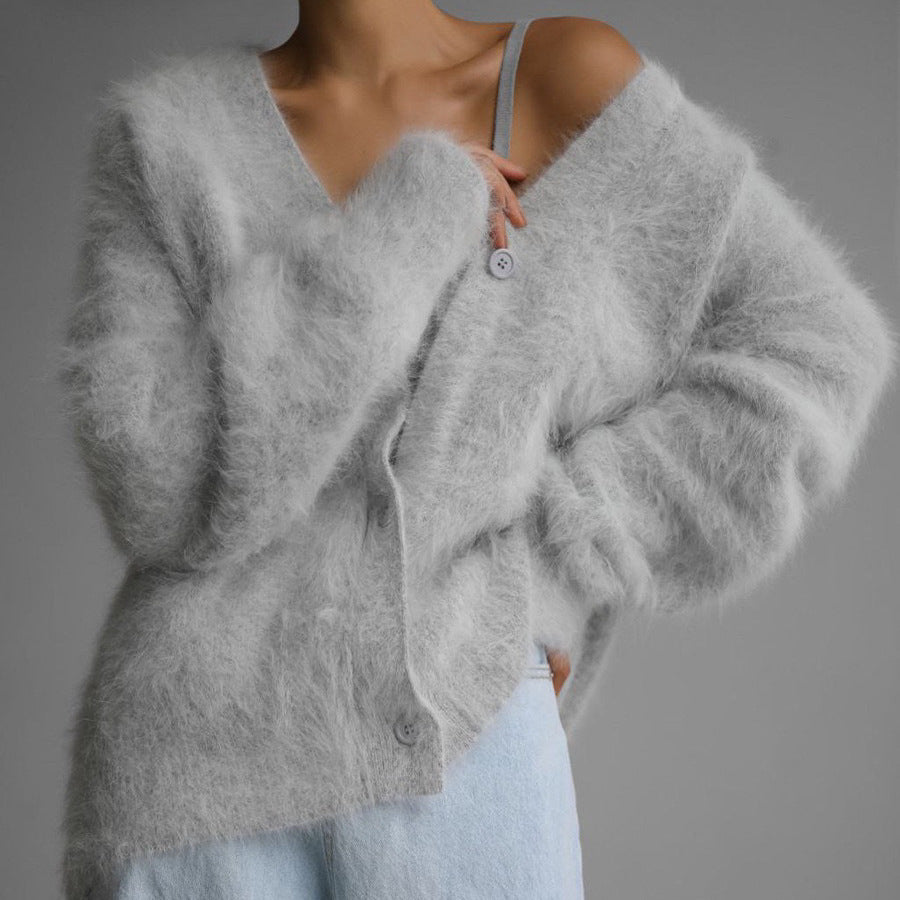 V-Neck Mink Wool Knit Cardigan