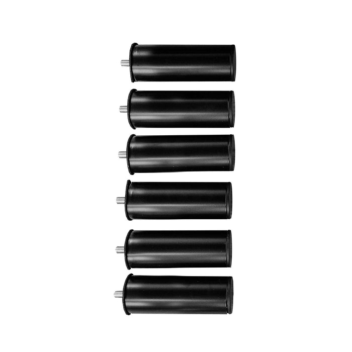 Set of six 4-inch black solid bed legs, cylindrical posts with metal mounting bolts