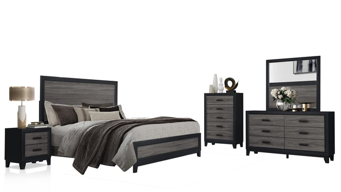 Two-drawer dark nightstand with black frame and metal handles