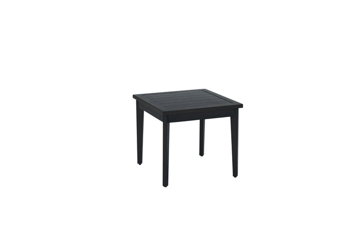 Dark square outdoor end table with flat tabletop and four straight legs