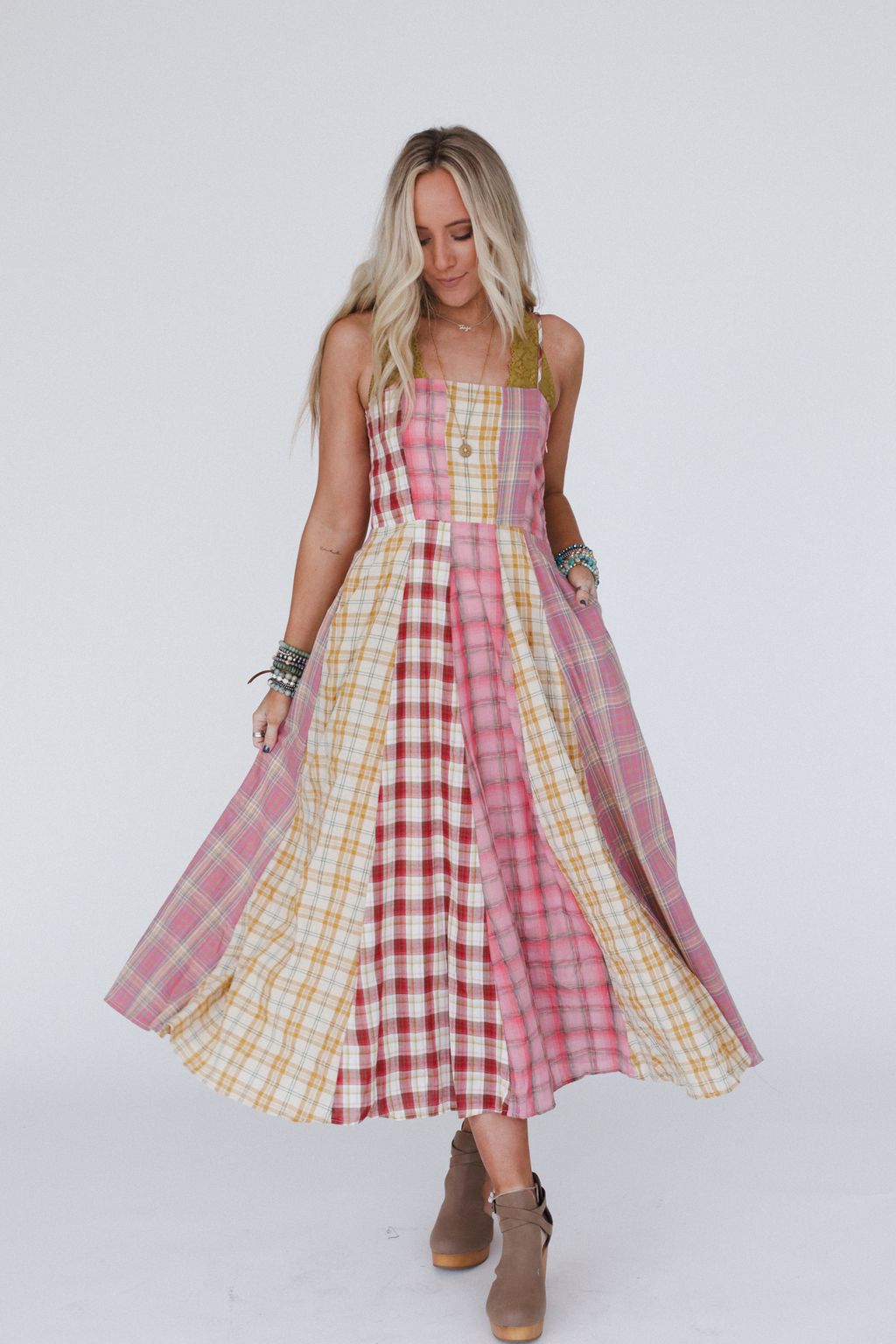 Western Charm Checkered Dress - Pink