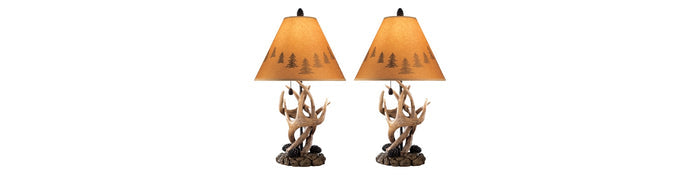 Set of 2 table lamps with orange shades and deer-antler bases