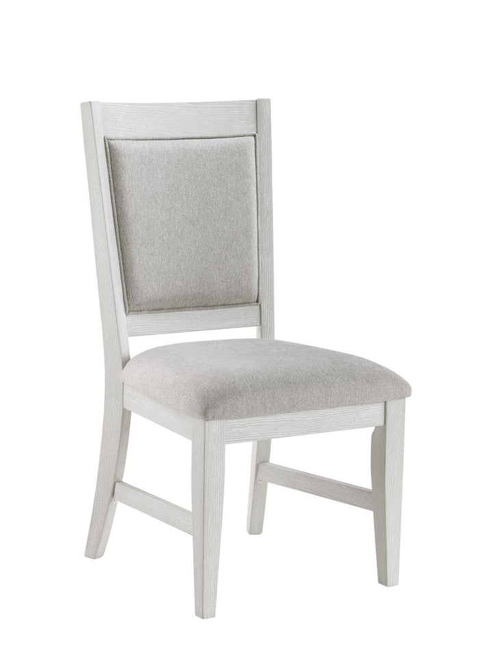 Everly dining chair with light gray upholstered seat, rectangular backrest, white legs