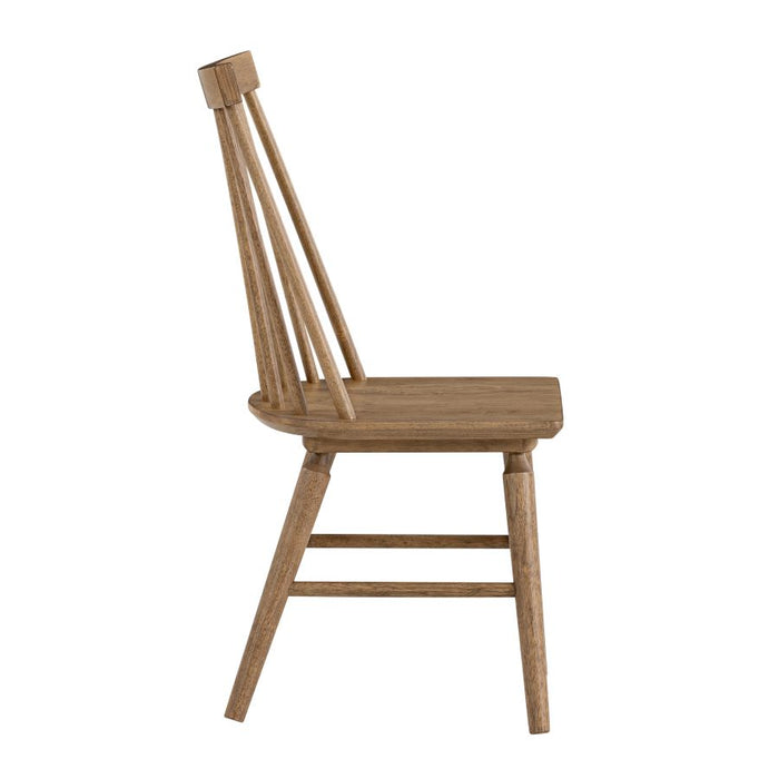 Wood side chair shown from side with slatted back, flat seat, and tapered legs