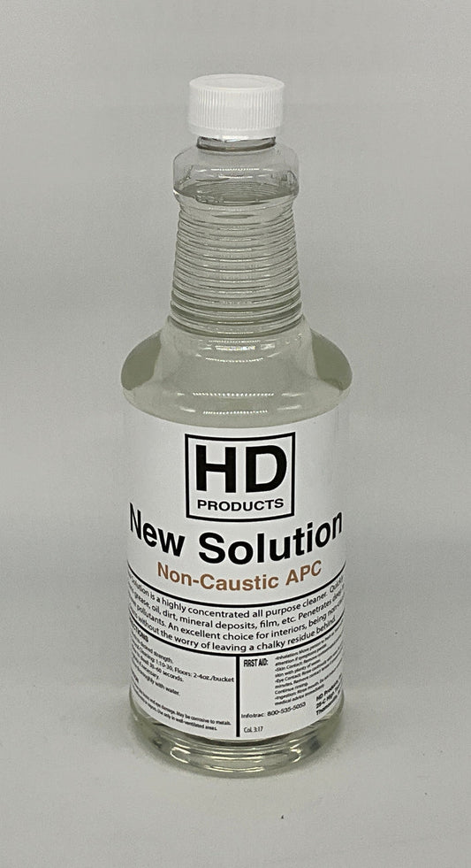 Clear 32oz bottle with a white cap labeled 'HD Products New Solution Non-Caustic APC' on a gray background
