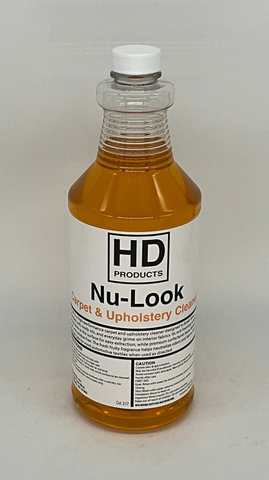 32oz Bottle of HD Products Nu-Look carpet and upholstery cleaner on a gray background