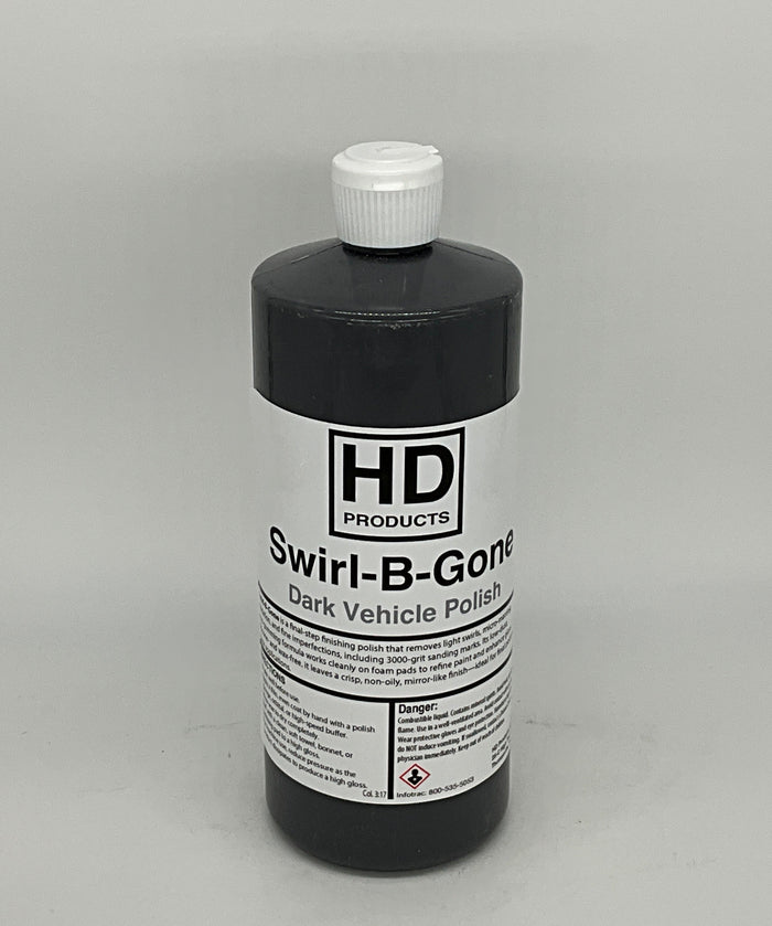 32oz Bottle of HD Products Swirl-B-Gone dark vehicle polish on a gray background