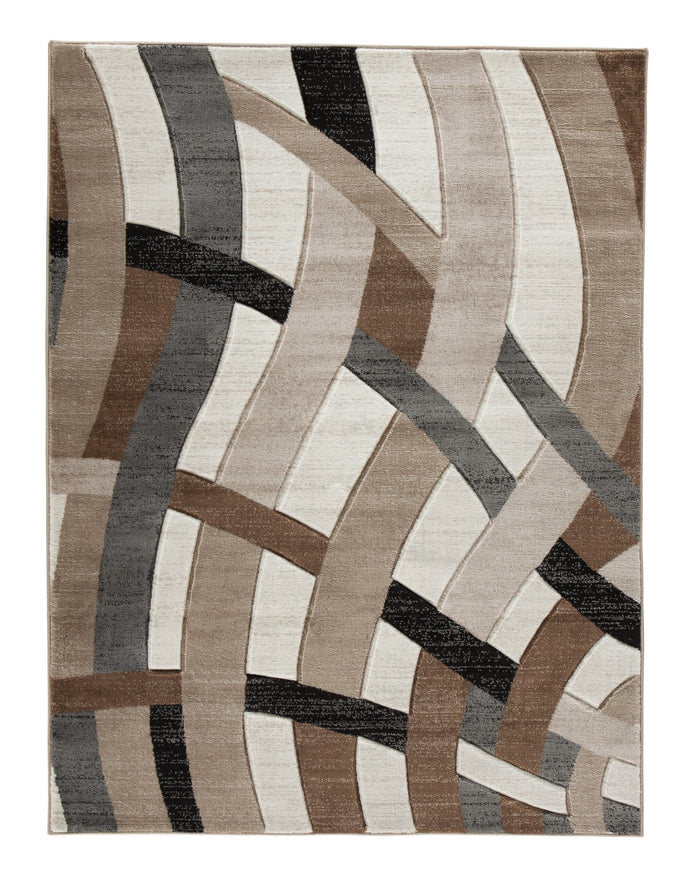 5' x 6'7" geometric rug with beige, white, and dark gray abstract pattern