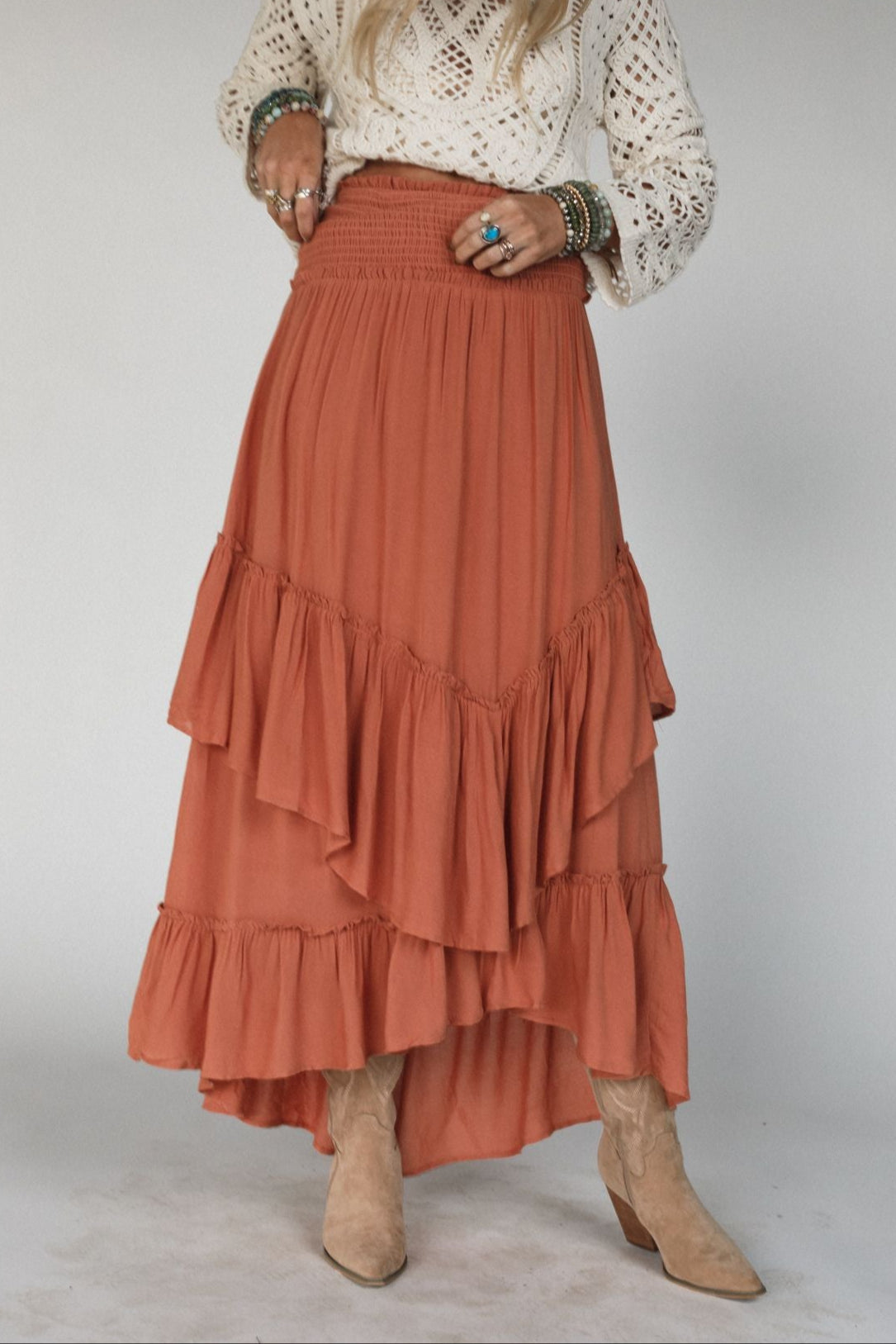 Washed Ashore Ruffled Maxi Skirt - Brick