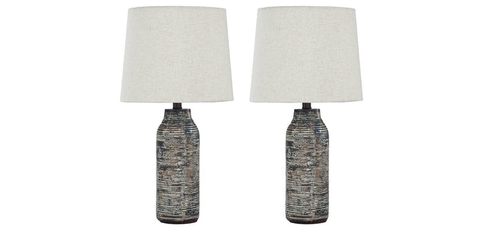 Set of two table lamps with off-white fabric shades and textured dark gray bases