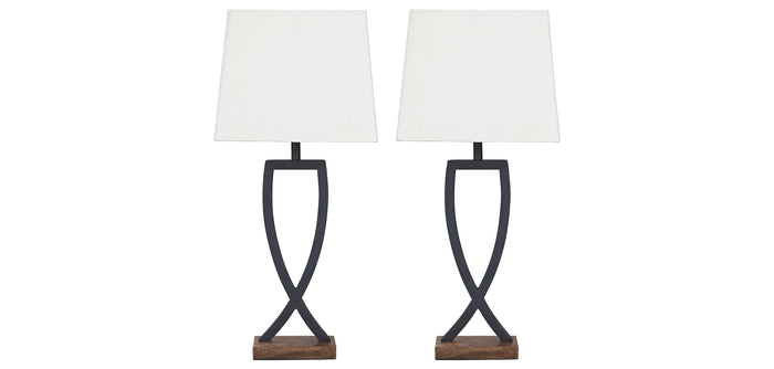 Set of two table lamps with white shades and dark curved bases with wood accents