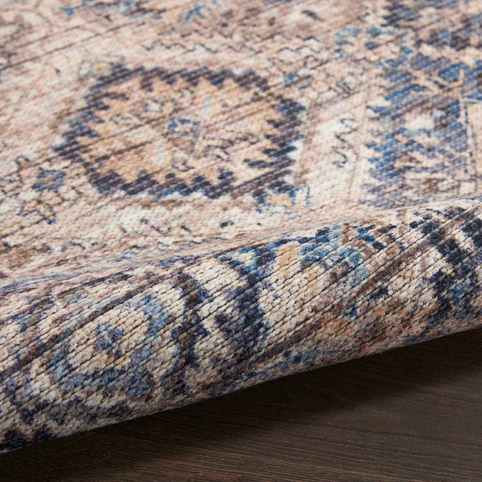 Close-up rug texture with beige, blue, and brown abstract geometric threads