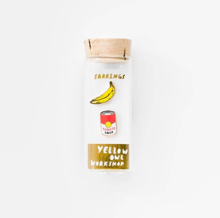 Pop Art Banana and Soup Earrings - Gold Museum Artsy Studs