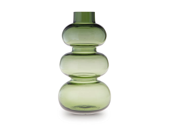 Light green glass vase with stacked rounded bulb sections and short flared neck