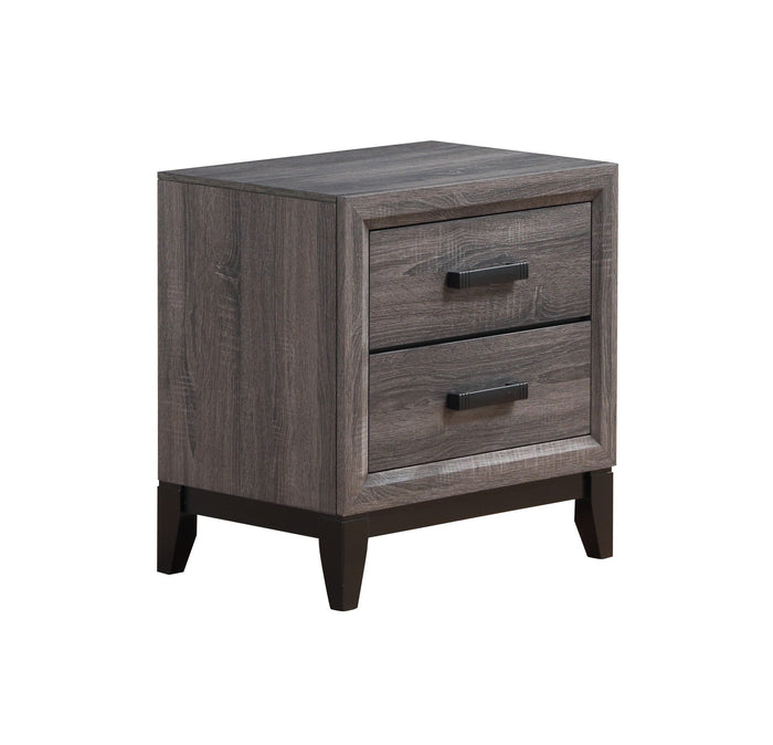 Salem nightstand with two drawers, dark hardware, and short tapered legs