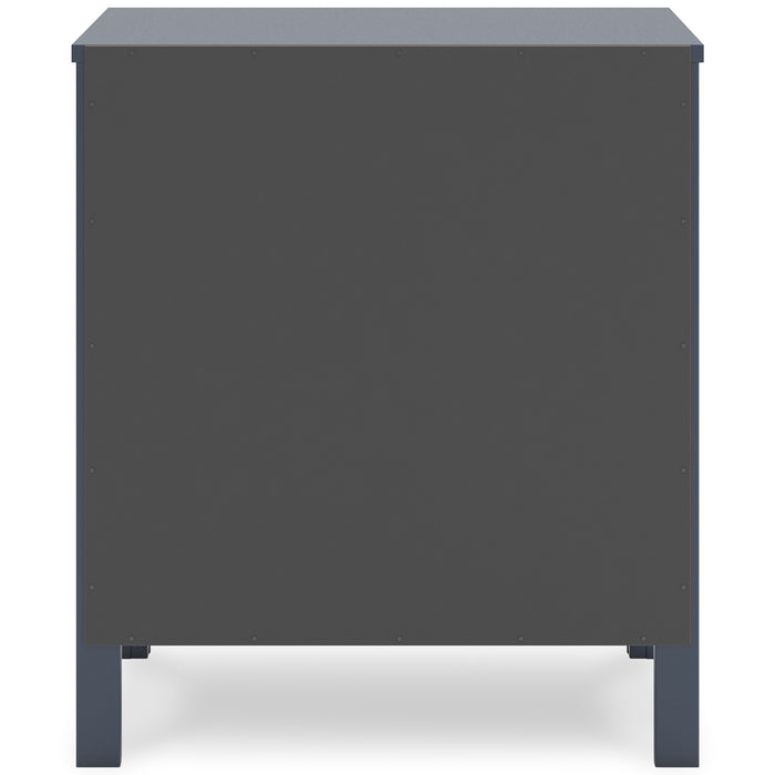 Dark blue nightstand back panel view with four sturdy legs.