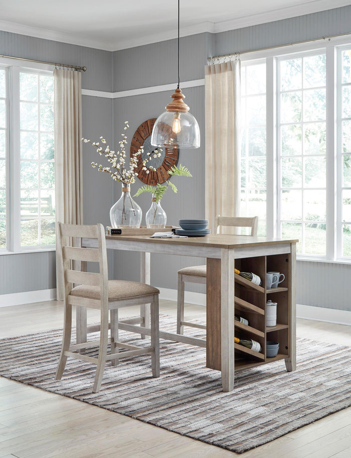 Counter height bar stool with backrest, light wood frame and beige upholstered seat