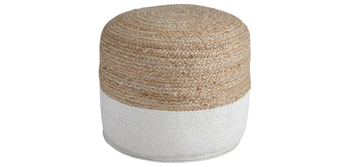 Round woven pouf ottoman with tan top and light fabric base