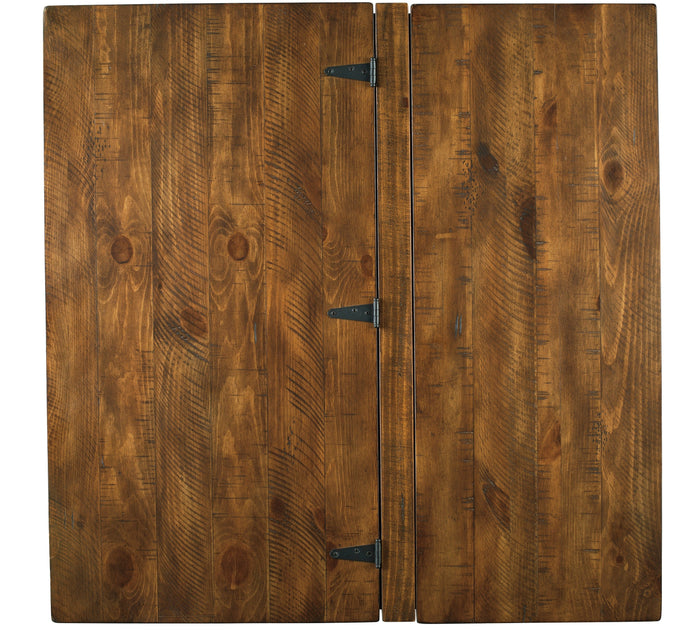 Honey-brown wood cabinet doors with hinges and metal latch tabs