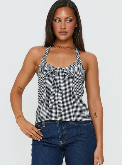 Puzzle Pieces Tie Detail Halter Top Black / White Gingham