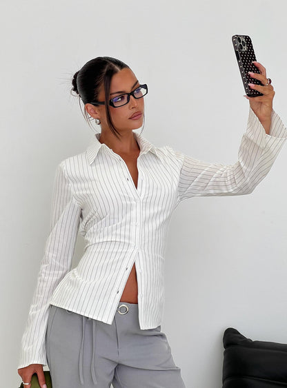 Eryx Tie Back Button Up Top White Pinstripe