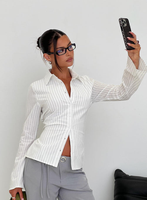 Eryx Tie Back Button Up Top White Pinstripe