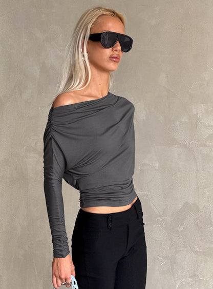 Party Hour Off Shoulder Top Charcoal