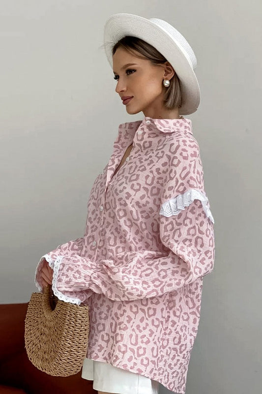 Pink Leopard Print Fashion Ruffle Blouse
