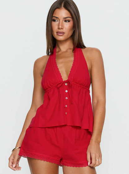 Cloud Crush Linen Halter Top Red