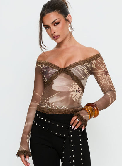 Katlyne Long Sleeve Lace Trim Top Brown Floral