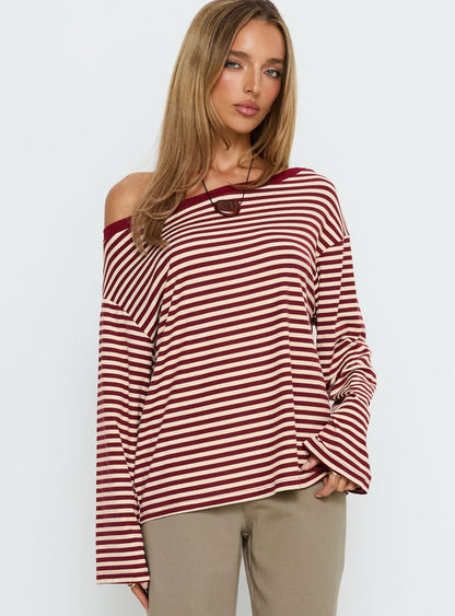 Ralyssa Off Shoulder Long Sleeve Top Red Stripe